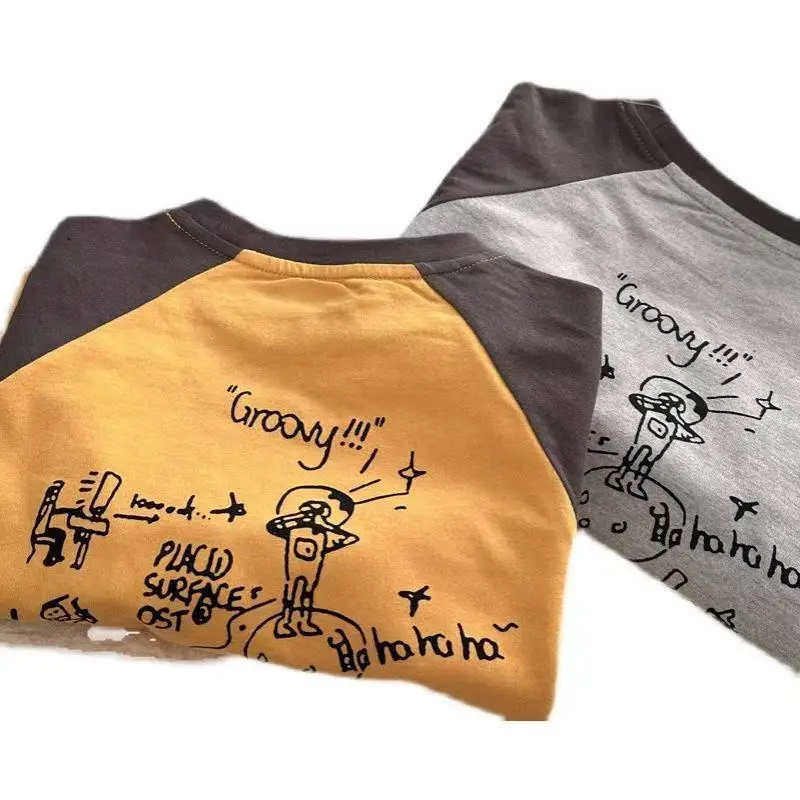 Girls Raglan Sleeve T-Shirt Gray Yellow Cartoon Print
