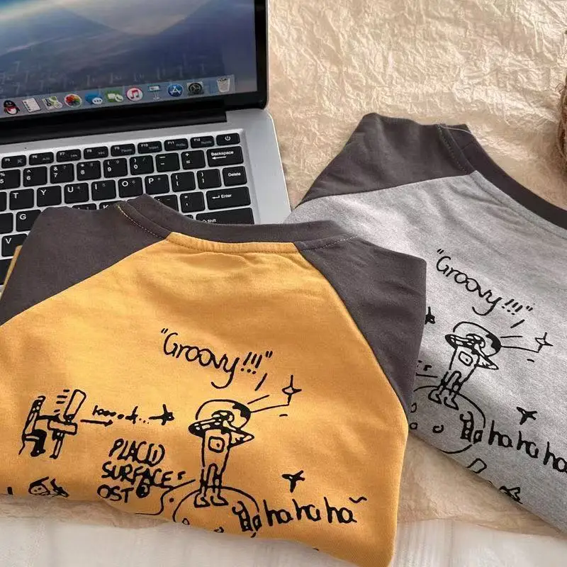 Girls Raglan Sleeve T-Shirt Gray Yellow Cartoon Print — feature 4