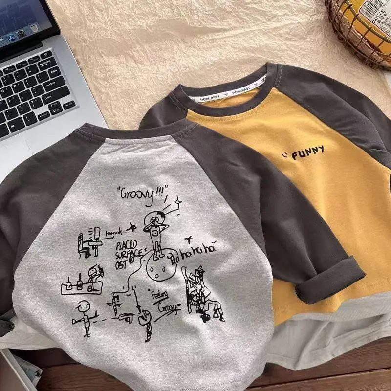 Girls Raglan Sleeve T-Shirt Gray Yellow Cartoon Print