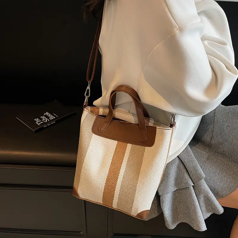 Striped Shoulder Bag for Women Brown Beige 2025 - Image 7