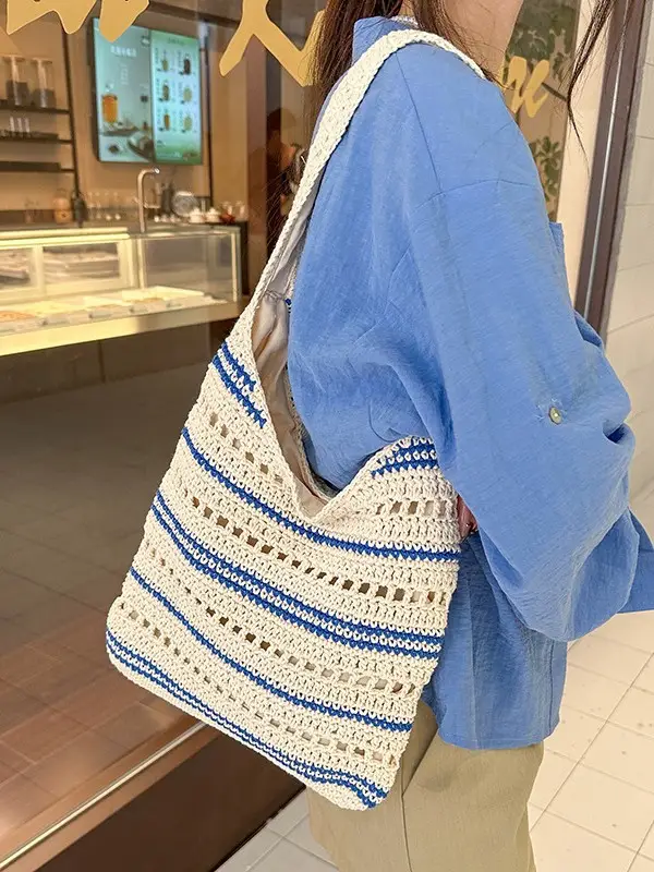 Women Woven Casual Shoulder Bag Blue White 2026 - Image 4