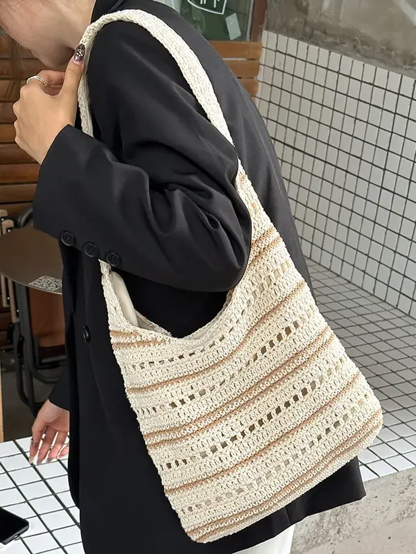 Women Woven Casual Shoulder Bag Blue White 2026 - Image 6