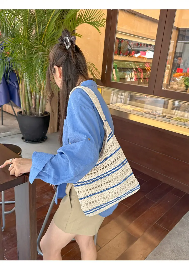 Women Woven Casual Shoulder Bag Blue White 2026 — feature 10