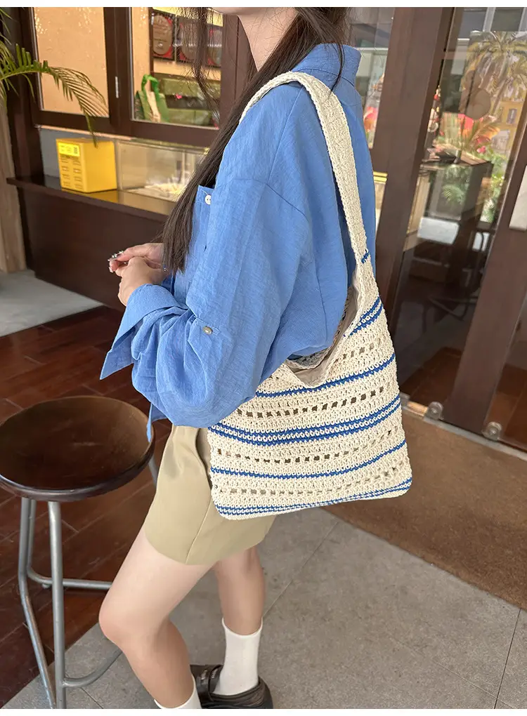 Women Woven Casual Shoulder Bag Blue White 2026 — feature 13