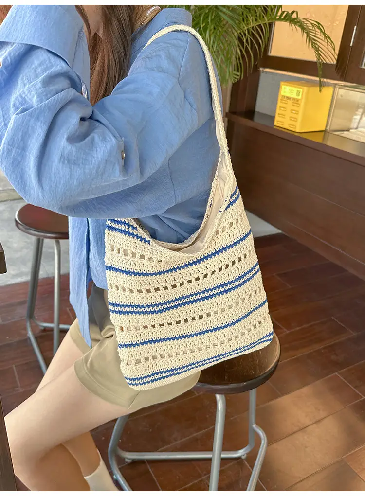 Women Woven Casual Shoulder Bag Blue White 2026 — feature 16