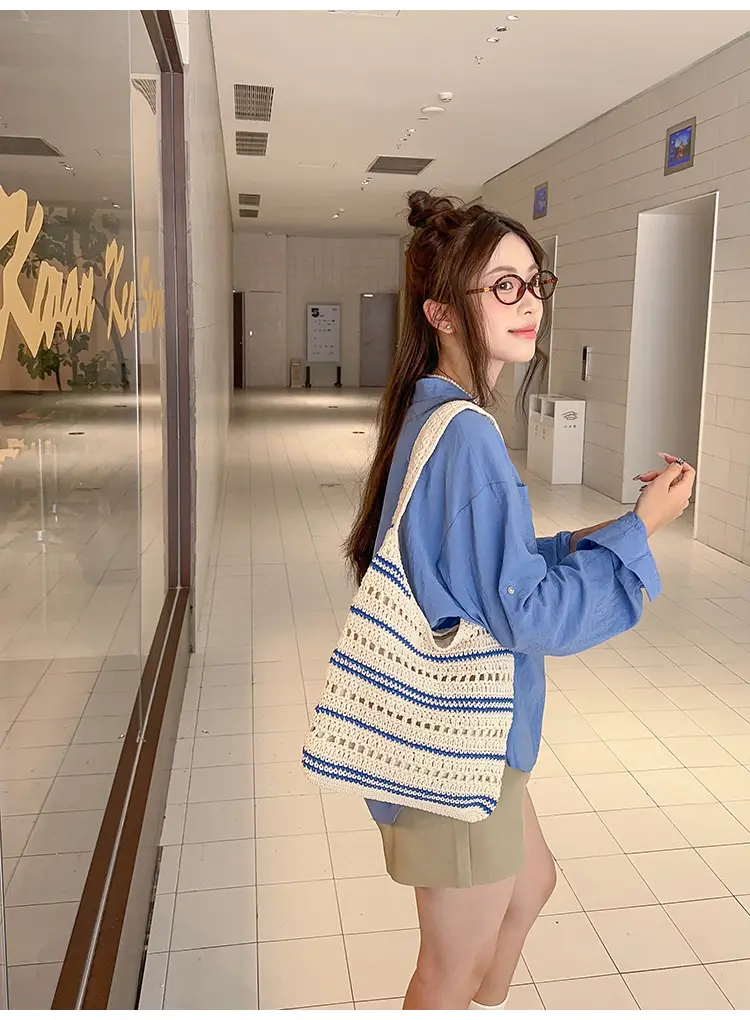 Women Woven Casual Shoulder Bag Blue White 2026 — feature 21