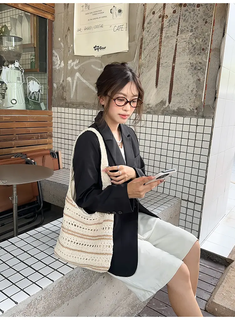 Women Woven Casual Shoulder Bag Blue White 2026 — feature 26