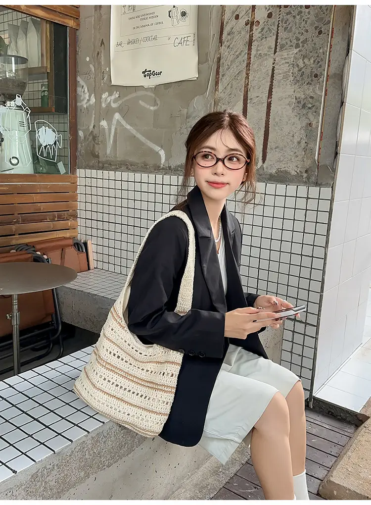 Women Woven Casual Shoulder Bag Blue White 2026 — feature 27