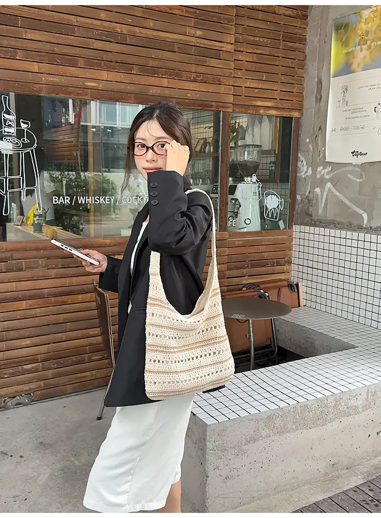 Women Woven Casual Shoulder Bag Blue White 2026 — feature 32