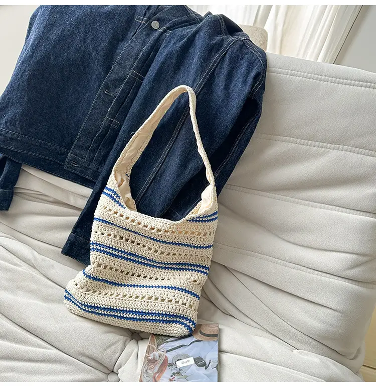 Women Woven Casual Shoulder Bag Blue White 2026 — feature 35