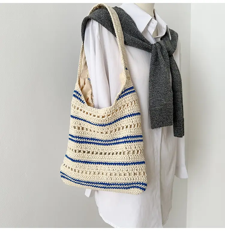 Women Woven Casual Shoulder Bag Blue White 2026 — feature 38