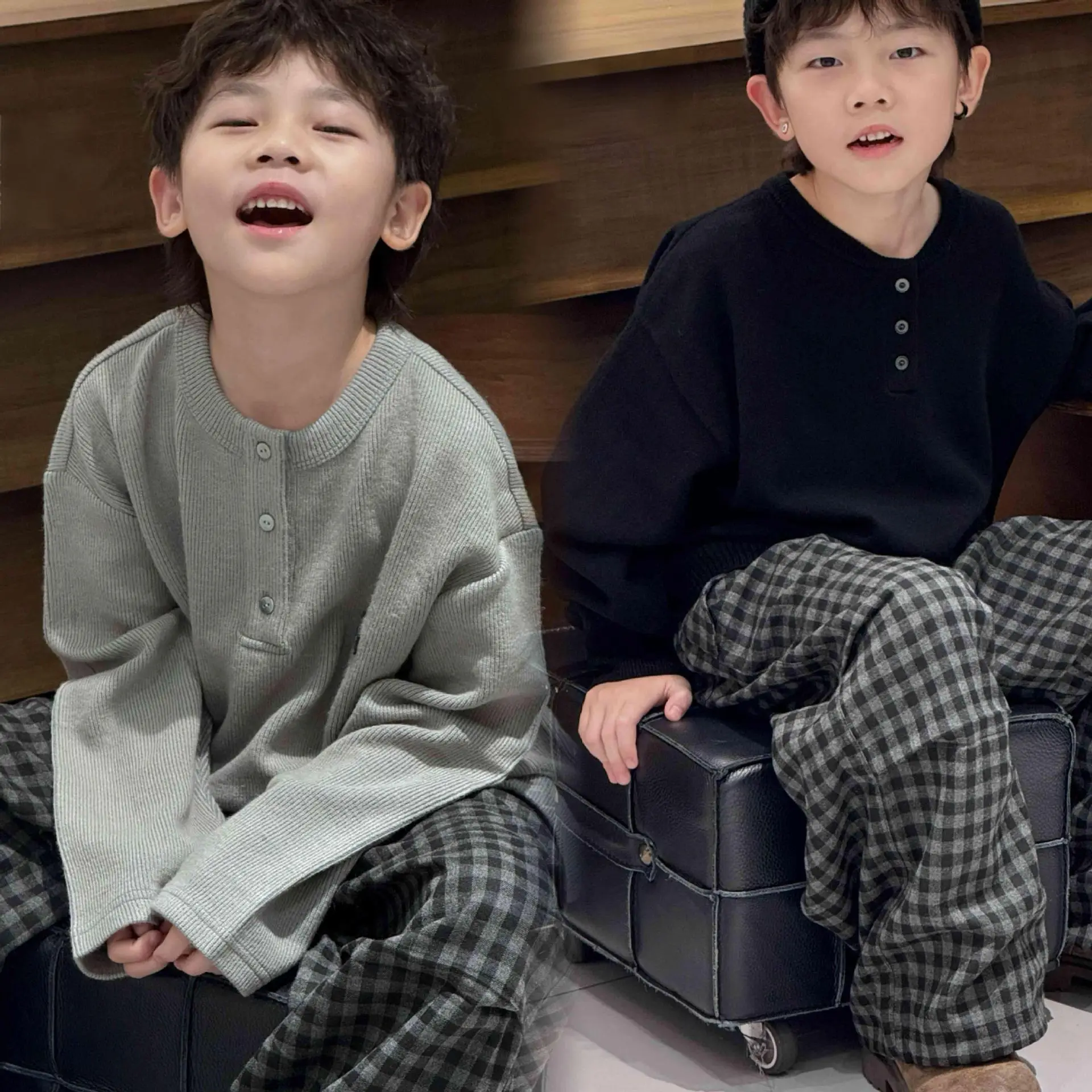 Korean-Style Boys Long Sleeve T-Shirt Gray Plaid Pants 2026 â feature 2