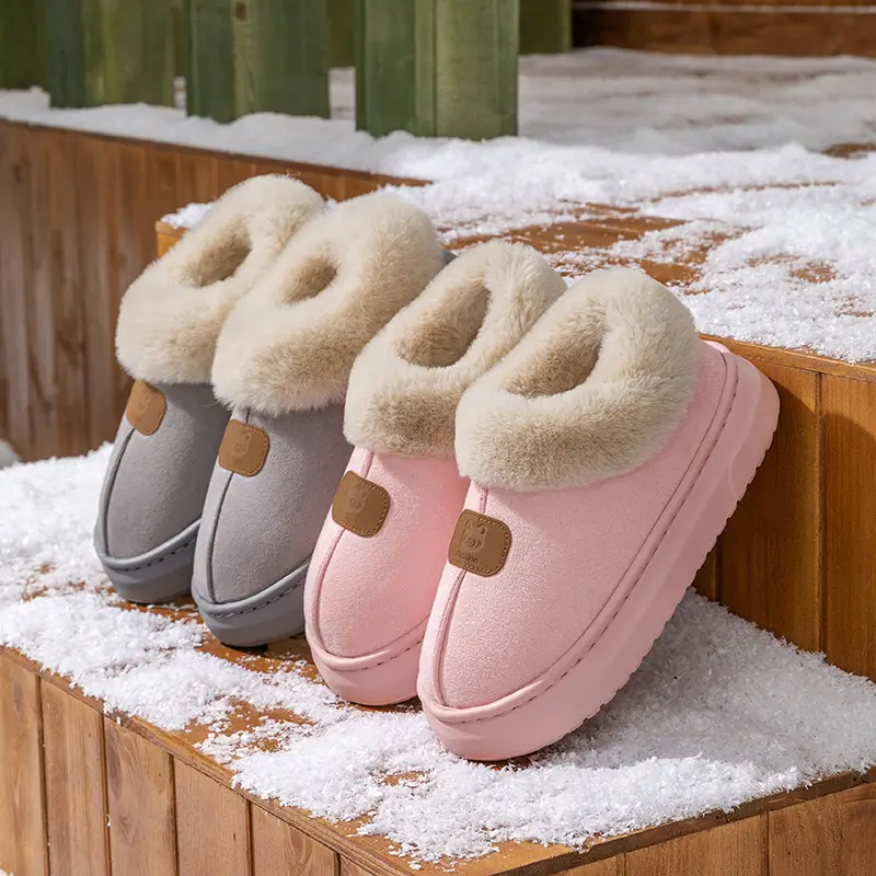 Cartoon Bear Head Plush Slippers for Women, Autumn and Winter Indoor Fleece Warm Maternity Shoes, Outdoor Couple Plush Snow Boots