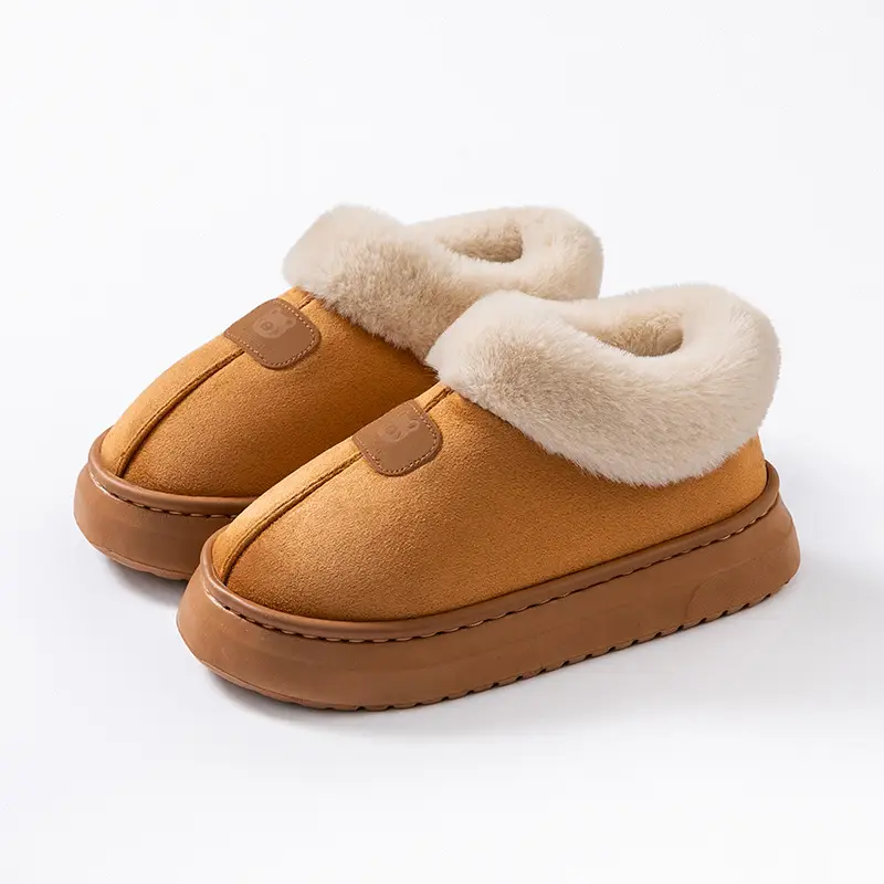 Cartoon Bear Head Plush Slippers for Women, Autumn and Winter Indoor Fleece Warm Maternity Shoes, Outdoor Couple Plush Snow Boots
