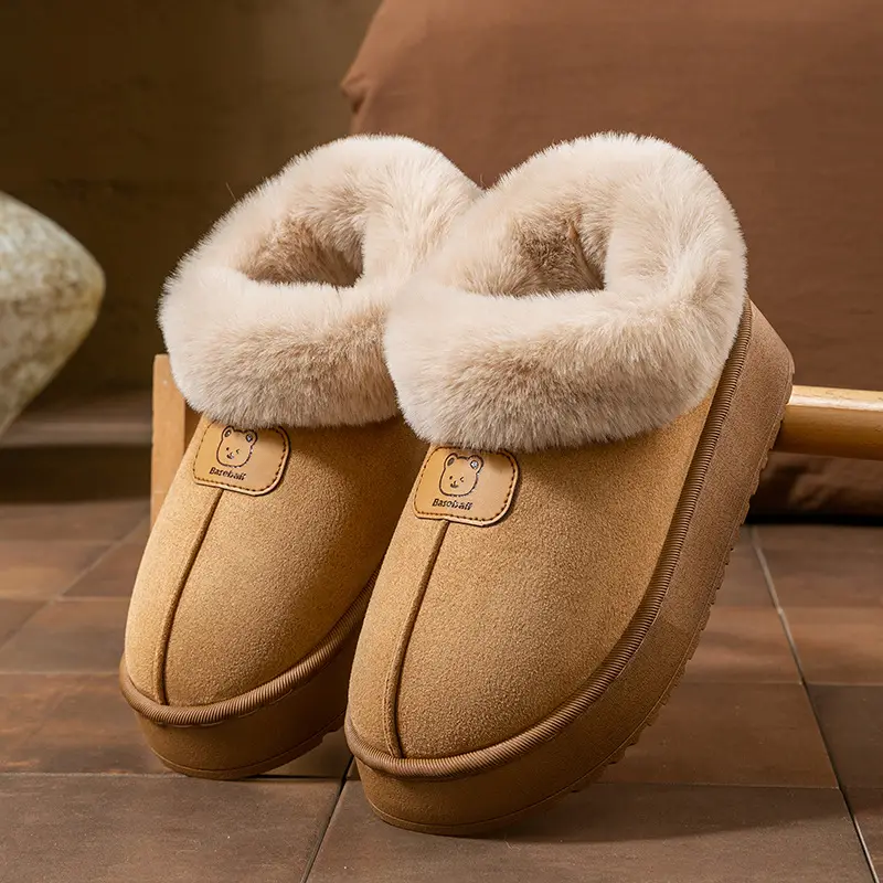 Cartoon Bear Head Plush Slippers for Women, Autumn and Winter Indoor Fleece Warm Maternity Shoes, Outdoor Couple Plush Snow Boots