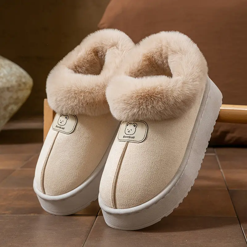 Cartoon Bear Head Plush Slippers for Women, Autumn and Winter Indoor Fleece Warm Maternity Shoes, Outdoor Couple Plush Snow Boots