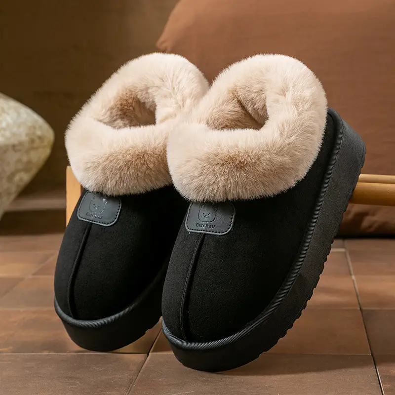 Cartoon Bear Head Plush Slippers for Women, Autumn and Winter Indoor Fleece Warm Maternity Shoes, Outdoor Couple Plush Snow Boots