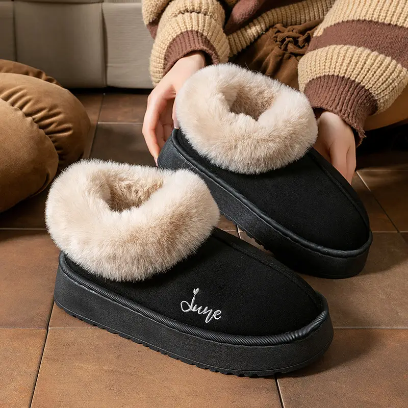 Cartoon Bear Head Plush Slippers for Women, Autumn and Winter Indoor Fleece Warm Maternity Shoes, Outdoor Couple Plush Snow Boots