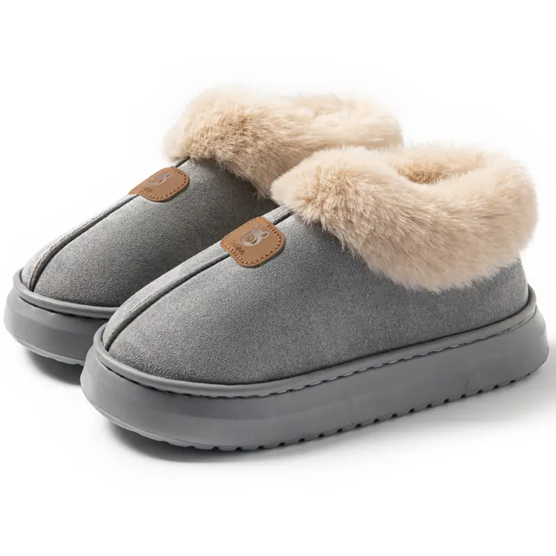 Cartoon Bear Head Plush Slippers for Women, Autumn and Winter Indoor Fleece Warm Maternity Shoes, Outdoor Couple Plush Snow Boots