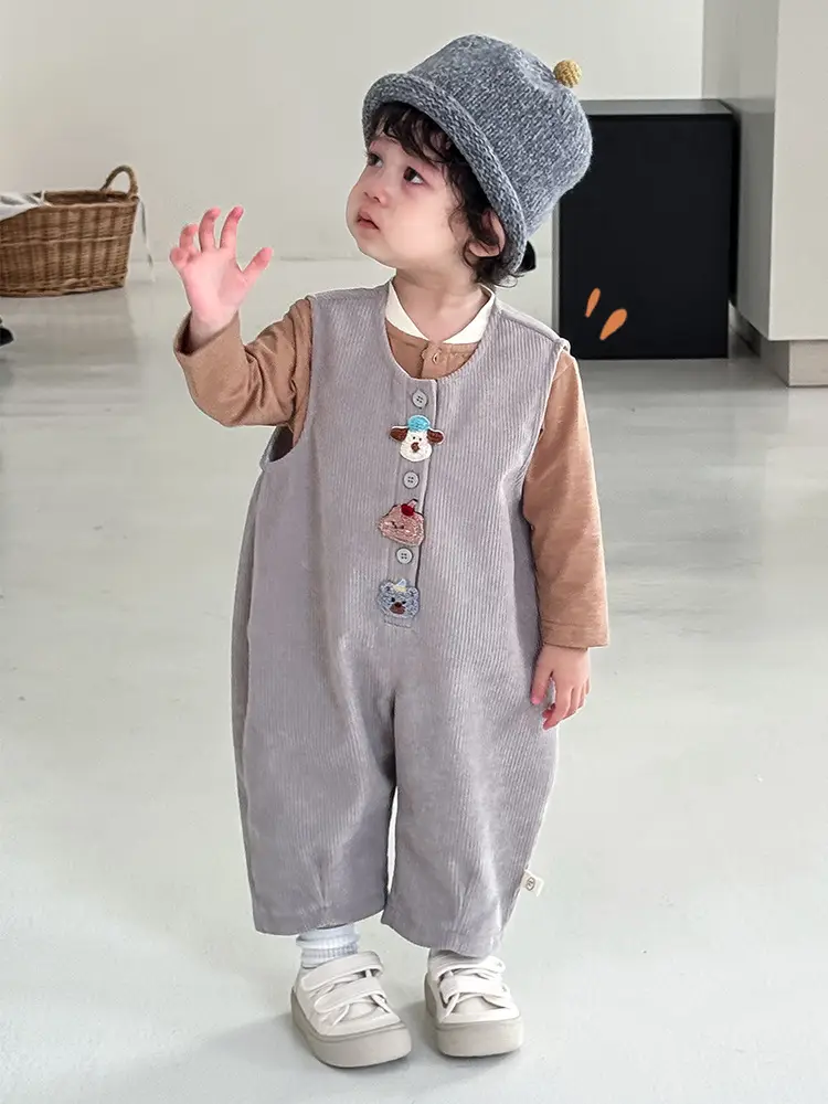 Children's V-Neck Patchwork T-Shirt Brown Button Front