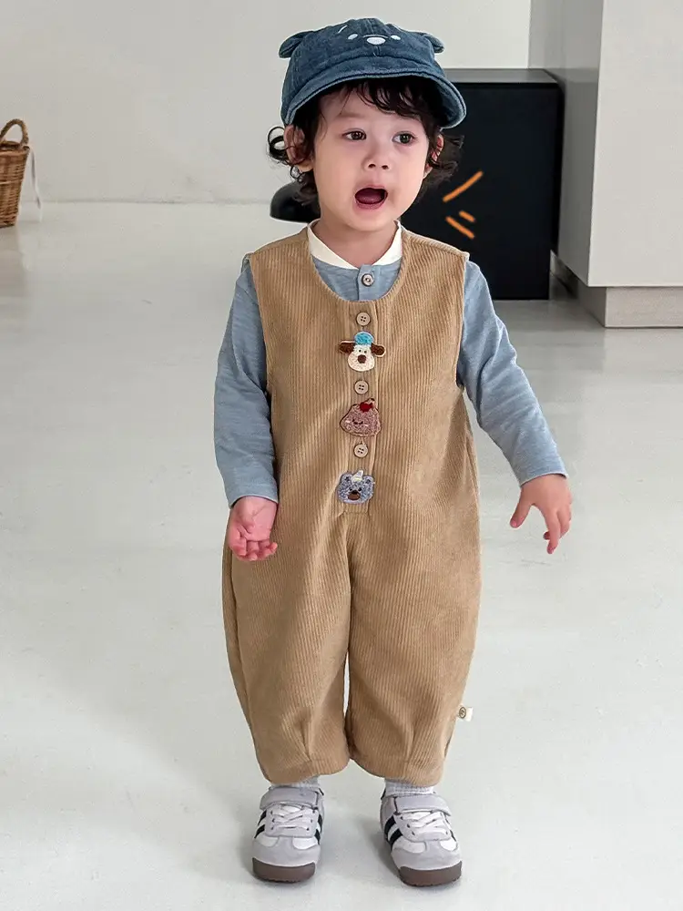 Children's V-Neck Patchwork T-Shirt Brown Button Front