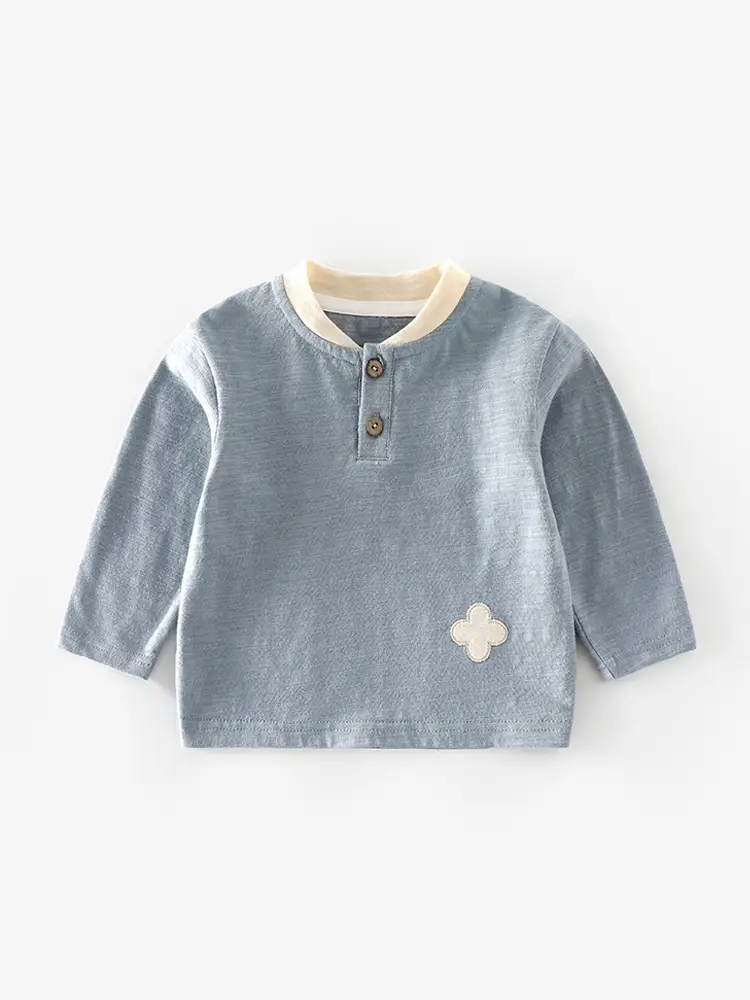 Children's V-Neck Patchwork T-Shirt Brown Button Front
