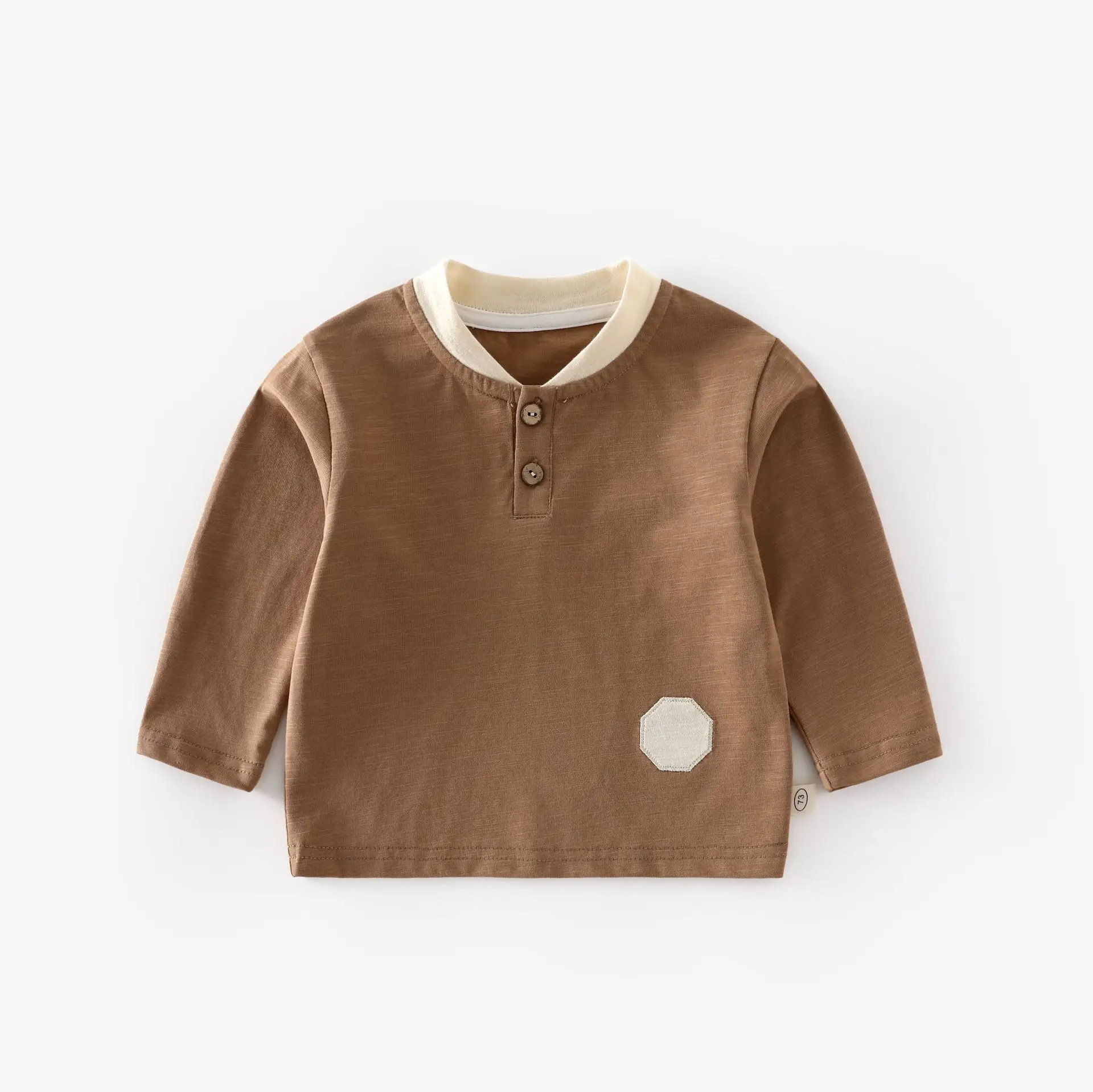 Children's V-Neck Patchwork T-Shirt Brown Button Front