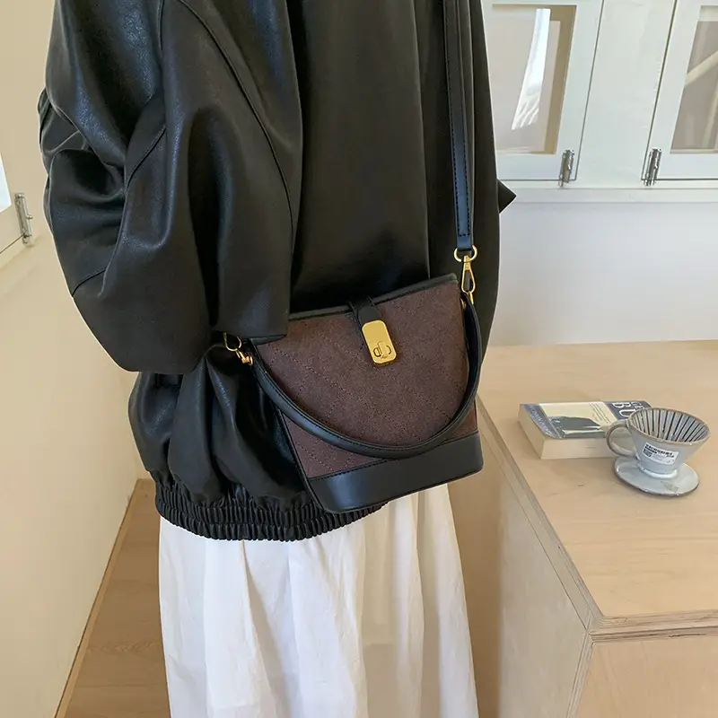 Women Crossbody Matte Bag Brown Gold Logo Print - Image 7