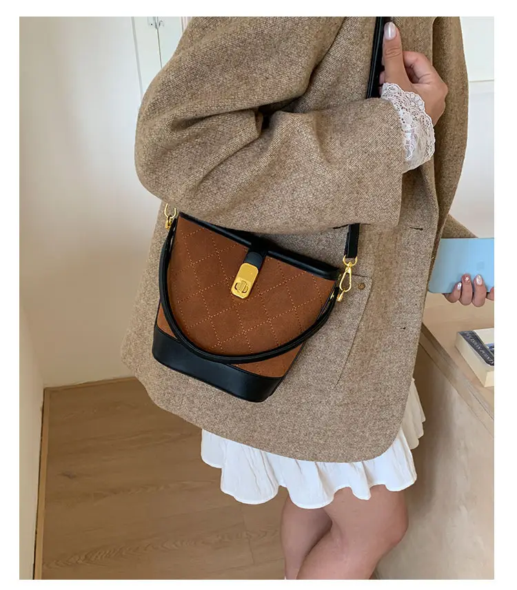 Women Crossbody Matte Bag Brown Gold Logo Print — feature 12