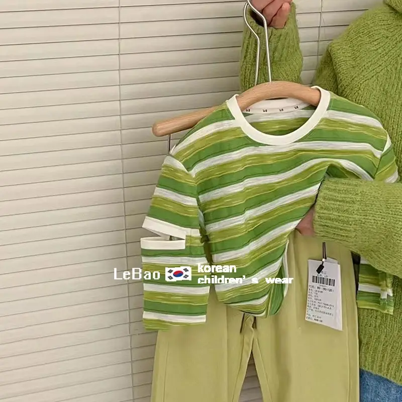 2025 Boys Green Striped T-Shirt Korean Style - Image 4
