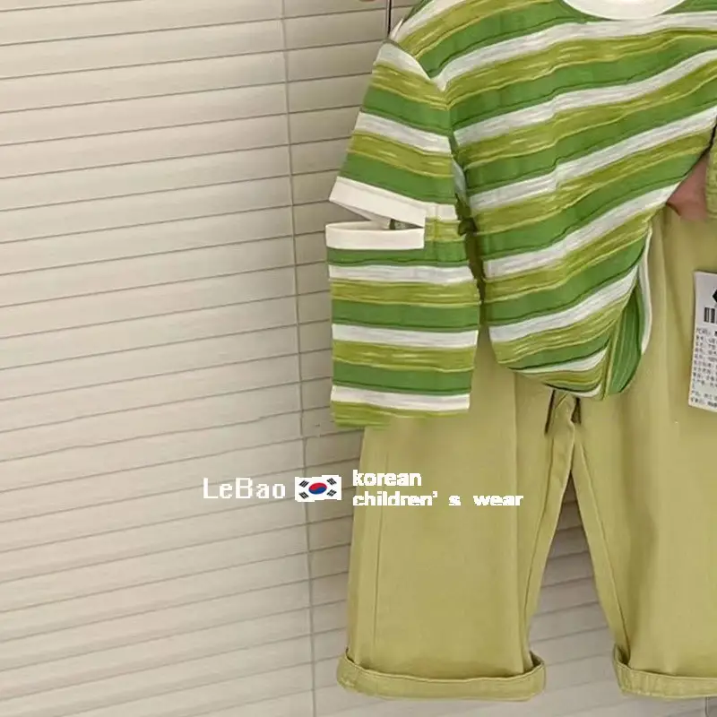 2025 Boys Green Striped T-Shirt Korean Style - Image 5