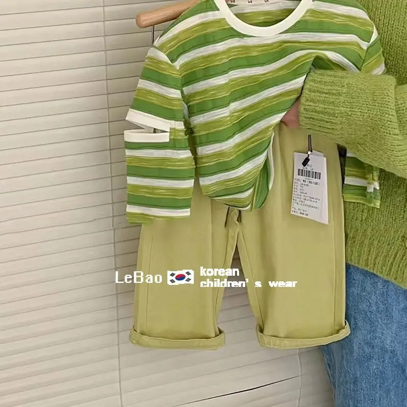 2025 Boys Green Striped T-Shirt Korean Style - Image 6