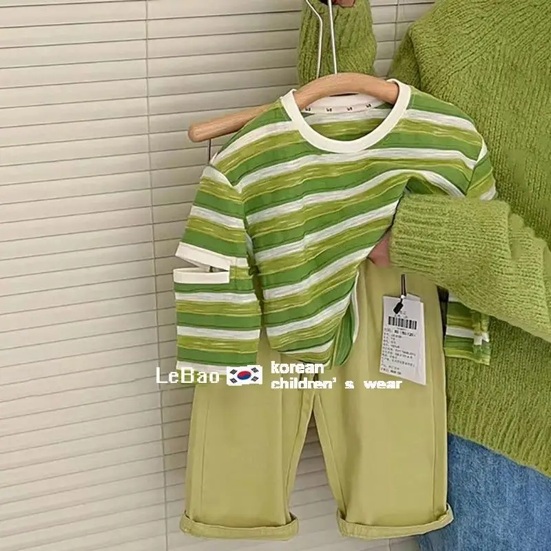 2025 Boys Green Striped T-Shirt Korean Style — feature 4