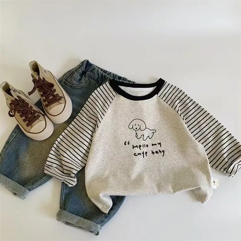 Boys Cotton Long Sleeve T-Shirt Brown Grey Kids Spring Autumn — feature 5