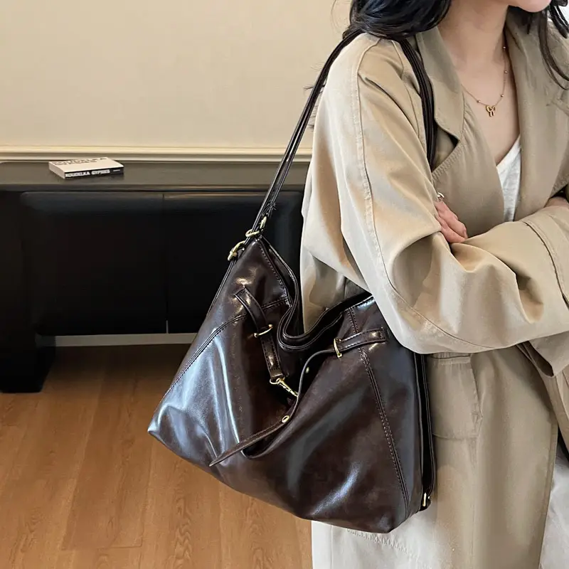 Women Retro Brown Leather Tote Bag Single Shoulder Underarm - Image 5