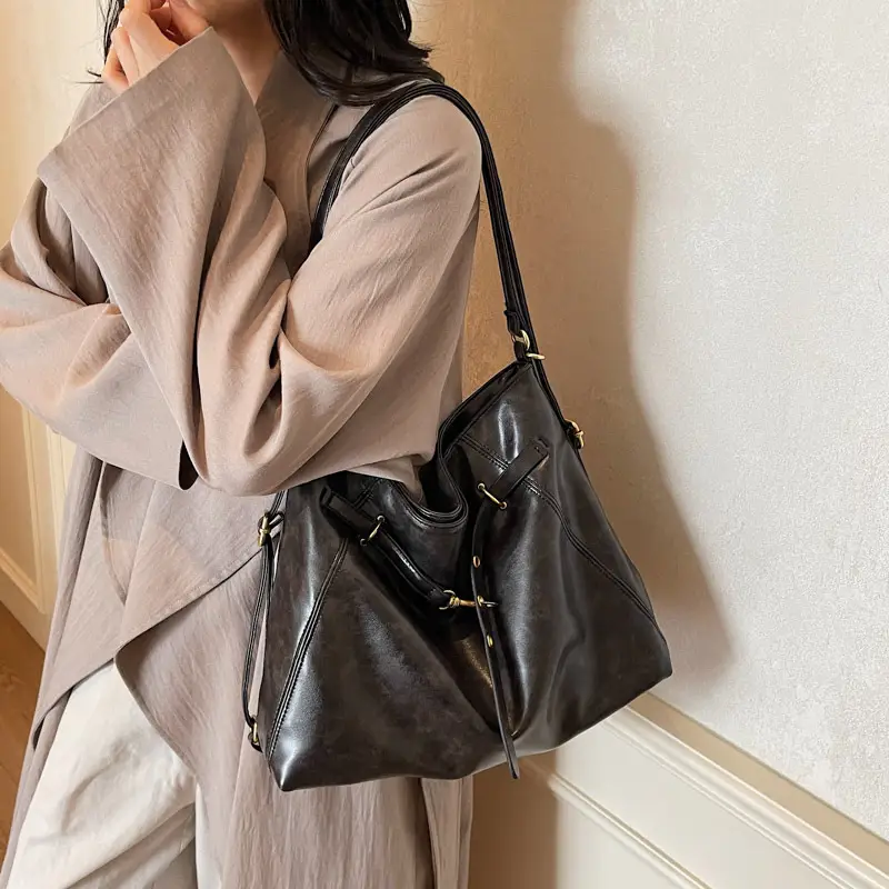 Women Retro Brown Leather Tote Bag Single Shoulder Underarm - Image 6