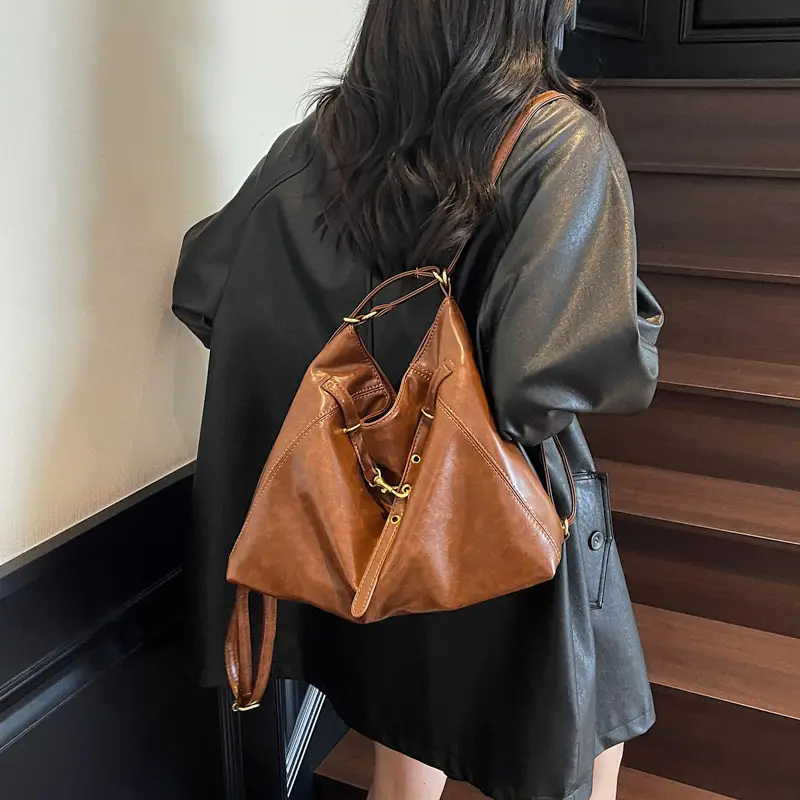 Women Retro Brown Leather Tote Bag Single Shoulder Underarm - Image 7