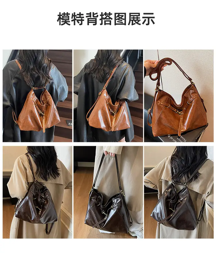 Women Retro Brown Leather Tote Bag Single Shoulder Underarm — feature 10
