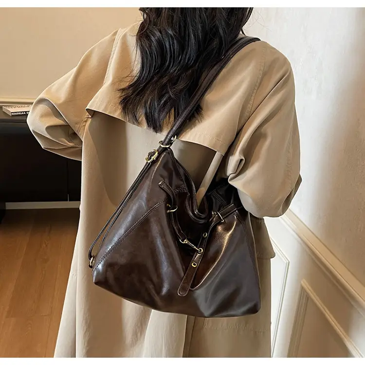 Women Retro Brown Leather Tote Bag Single Shoulder Underarm — feature 13