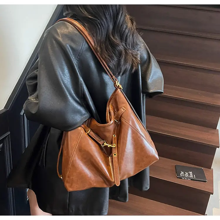 Women Retro Brown Leather Tote Bag Single Shoulder Underarm — feature 20
