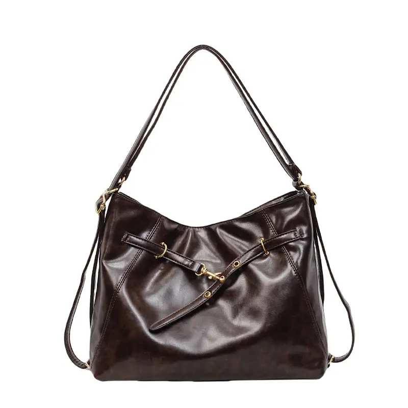 Women Retro Brown Leather Tote Bag Single Shoulder Underarm - Image 2