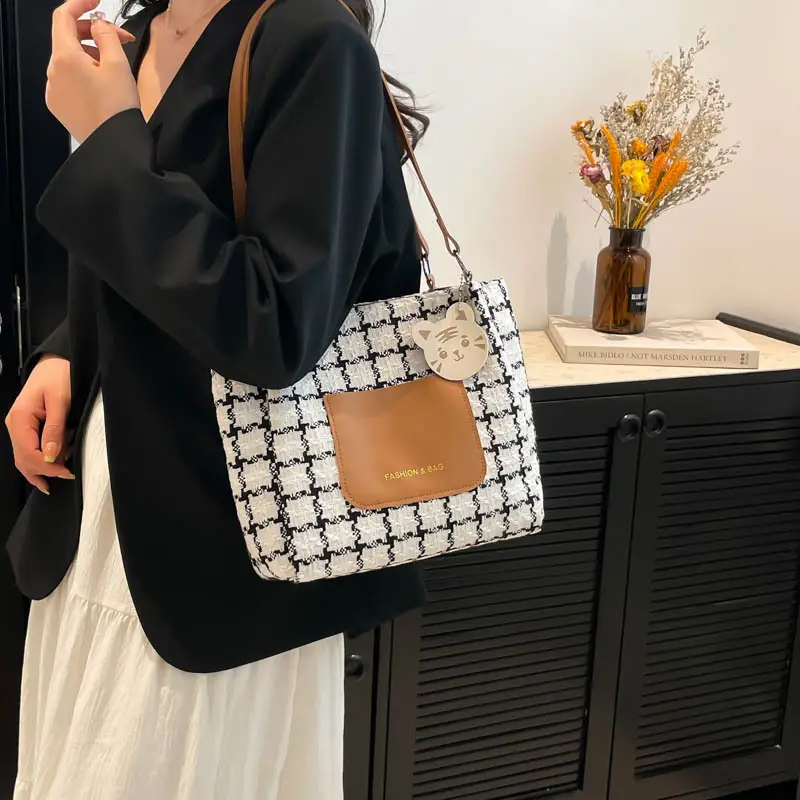 Women's Black Plaid Shoulder Bag with White Tag