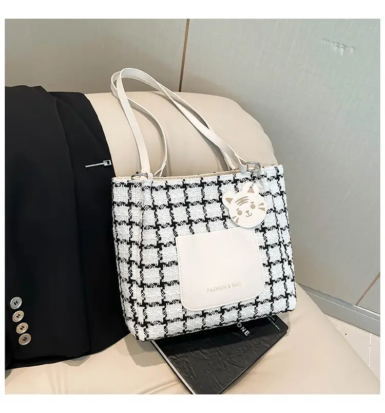 Women's Black Plaid Shoulder Bag with White Tag — feature 45