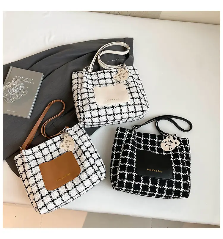 Women's Black Plaid Shoulder Bag with White Tag — feature 47