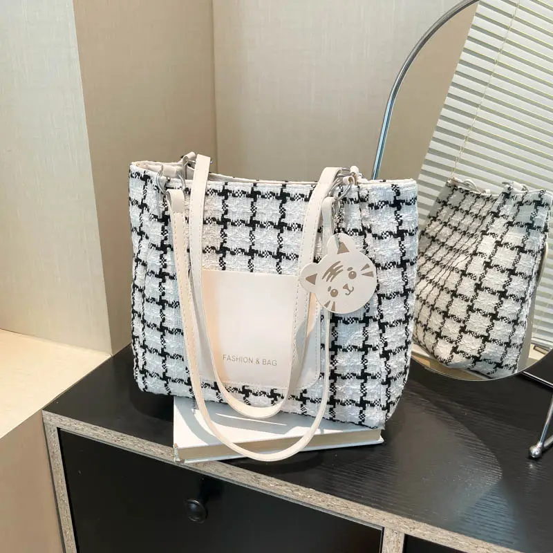 Women's Black Plaid Shoulder Bag with White Tag