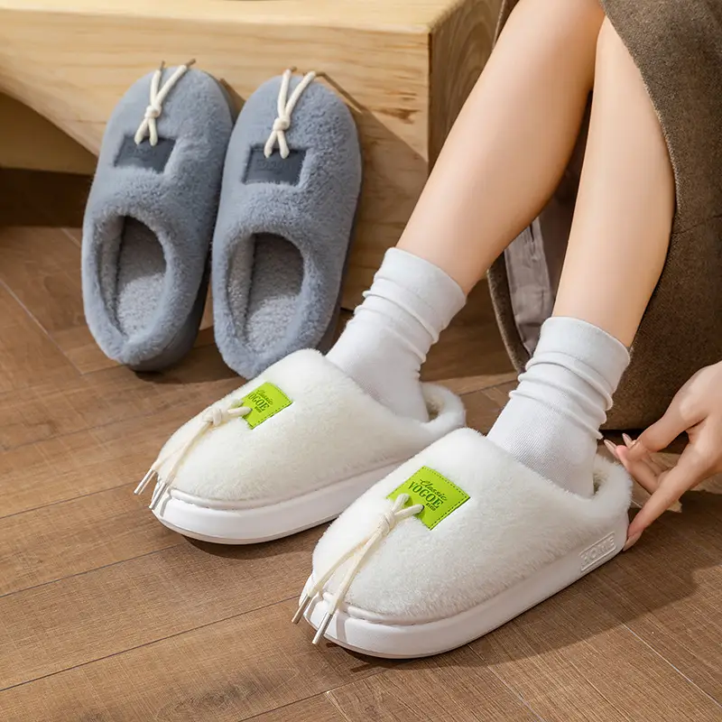 Shoelace-Decorated Couple's Indoor Home Slippers with a Soft Cushioning Feel, Maternity Slippers for Women, Autumn and Winter Warm Plush Cotton Slippers for Men - Image 7