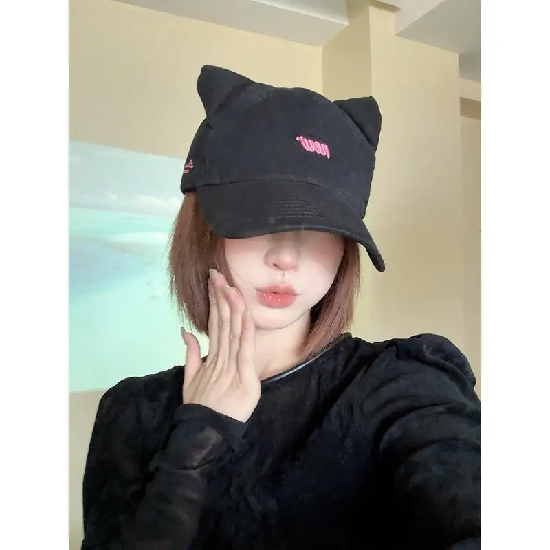 Korean Style Cat Ears Baseball Cap with Embroidered Letter - Image 7