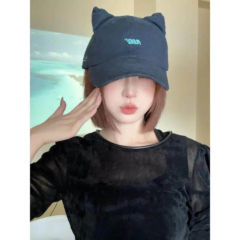 Korean Style Cat Ears Baseball Cap with Embroidered Letter - Image 9
