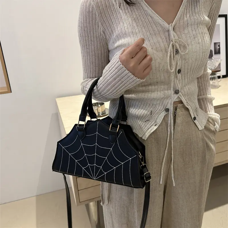 Spider Web Embroidered Brown Shoulder Bag - Image 8
