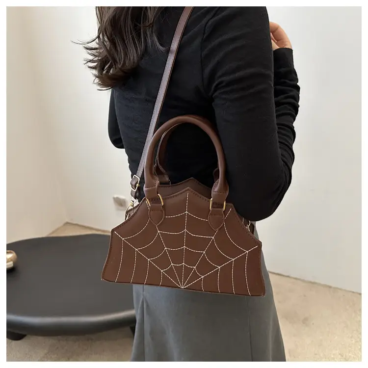Spider Web Embroidered Brown Shoulder Bag — feature 14